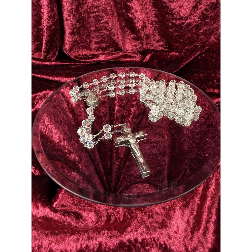 Vintage Jewelry Italian Rosary Sterling Silver Crucifix Clear Faceted Beads 24”